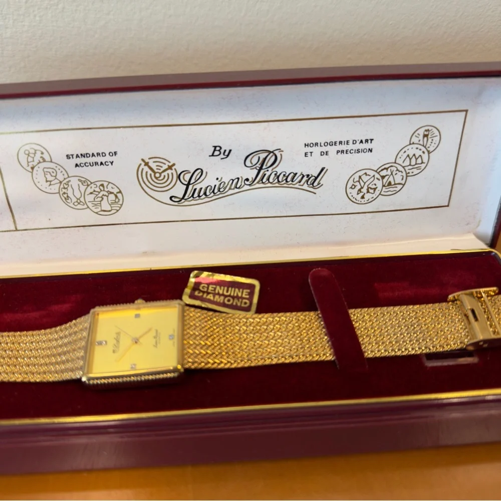 Vintage Dufonte by Lucien Piccard Gold Mesh Diamond Watch Swiss Made Box & Cert